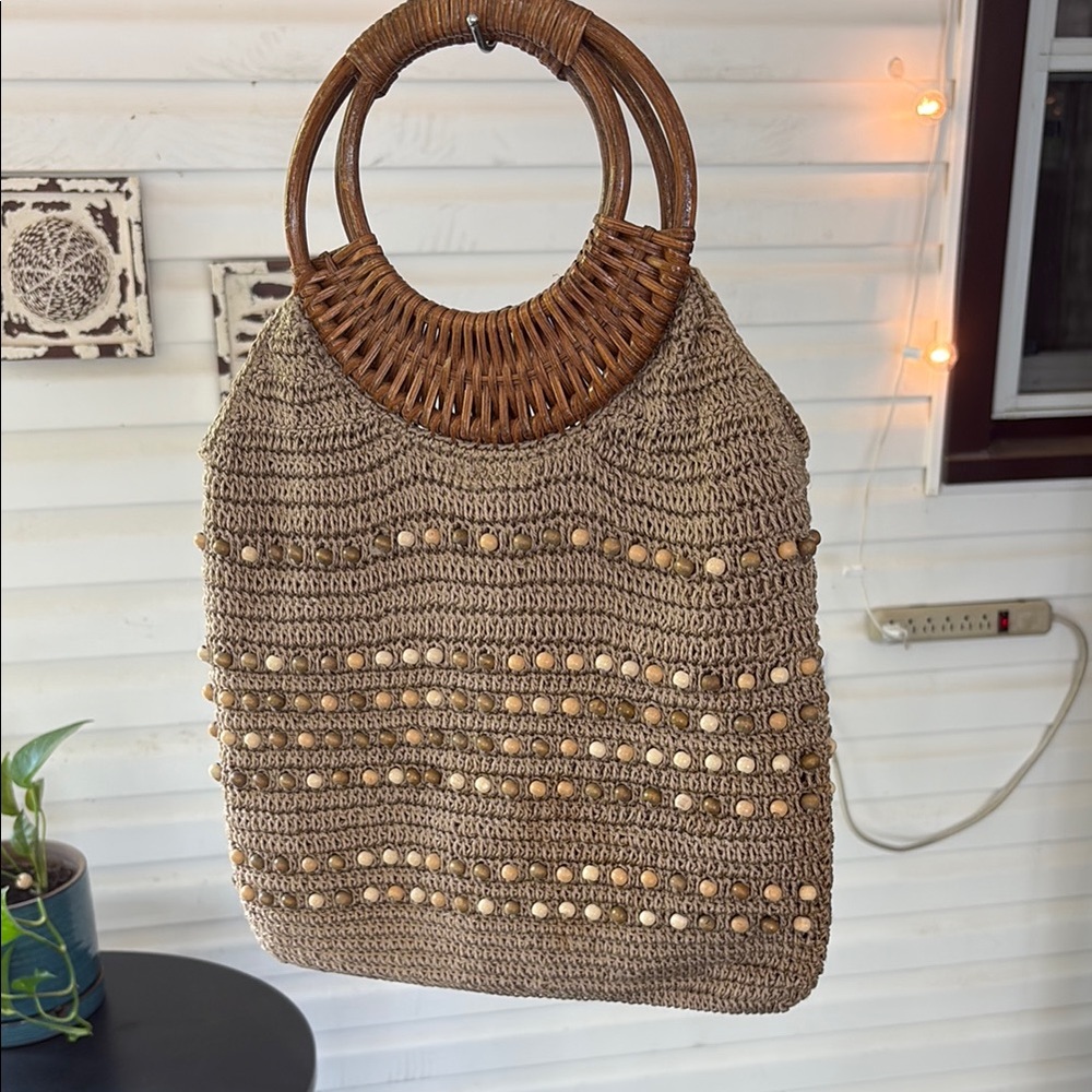 Boho Tan Woven Bag with Wooden Handles